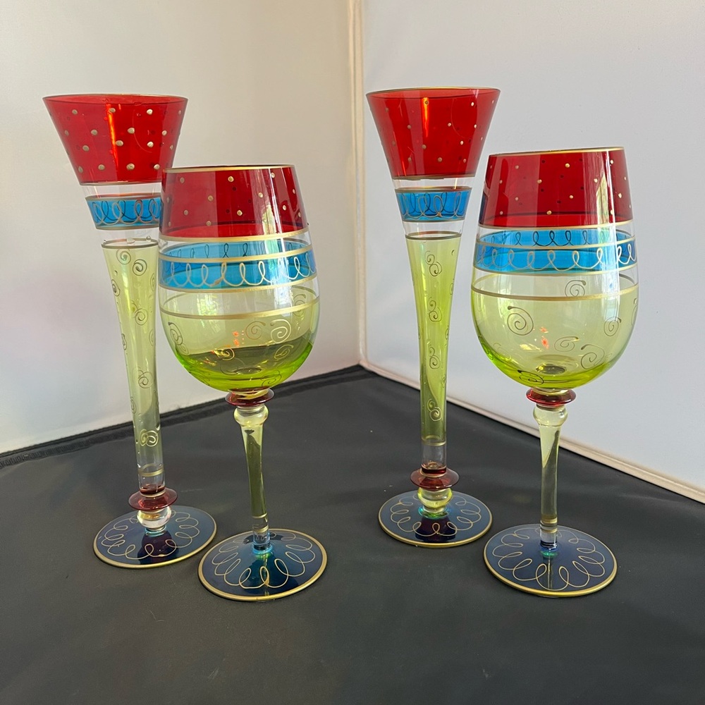 Pier 1 Retired, 4 Fiesta Hand painted, Wine Goblets & Flute Champagne Glasses